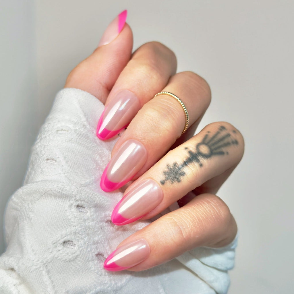 pink nails, nude pink nails, hot pink nails, short pink nails, pink almond nails, Press On Nails, Fake Nails, Stick-On Nails, Glue-On Nails, pink french nails, pink almond french tips, french tip, pink chrome nails, french chrome nails,